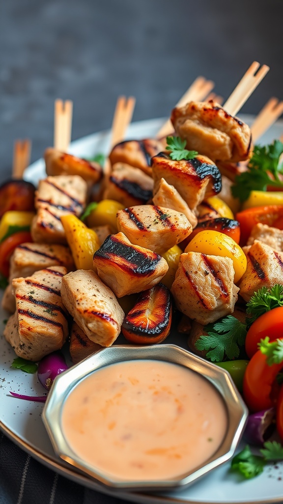 Delicious chicken and vegetable skewers served with a dipping sauce.