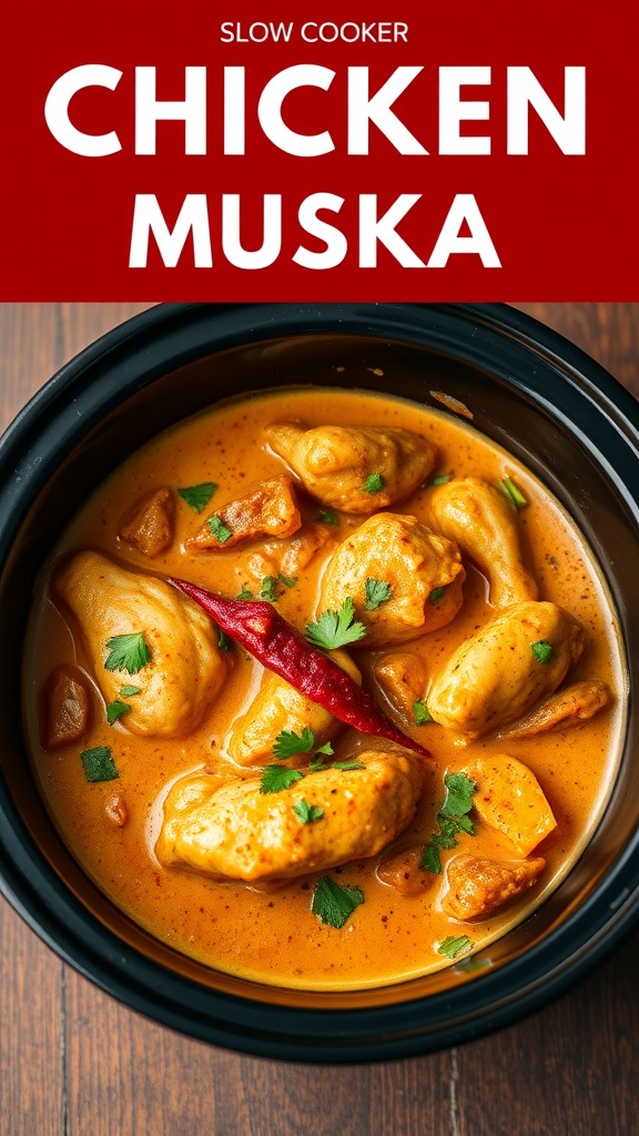 A bowl of slow cooker chicken tikka masala with chicken pieces in a creamy sauce, garnished with cilantro and a red chili.