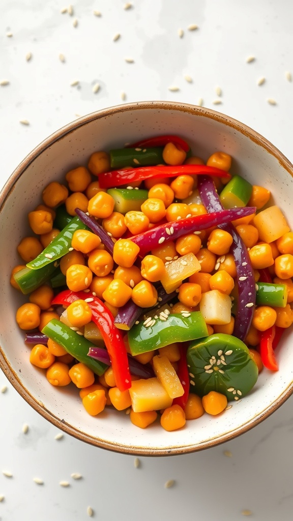 A bowl of colorful chickpea stir-fry with bell peppers and onions.