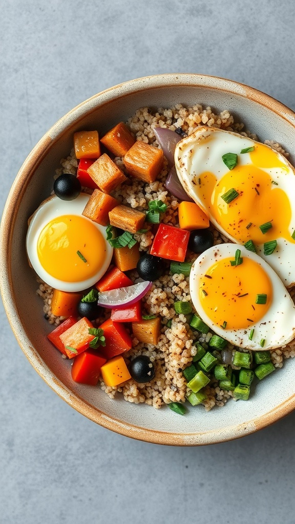 A bowl of quinoa topped with colorful vegetables and sunny-side up eggs.