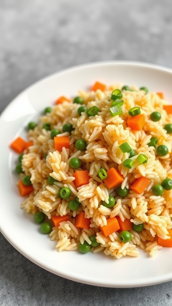 A plate of savory egg fried rice with colorful vegetables