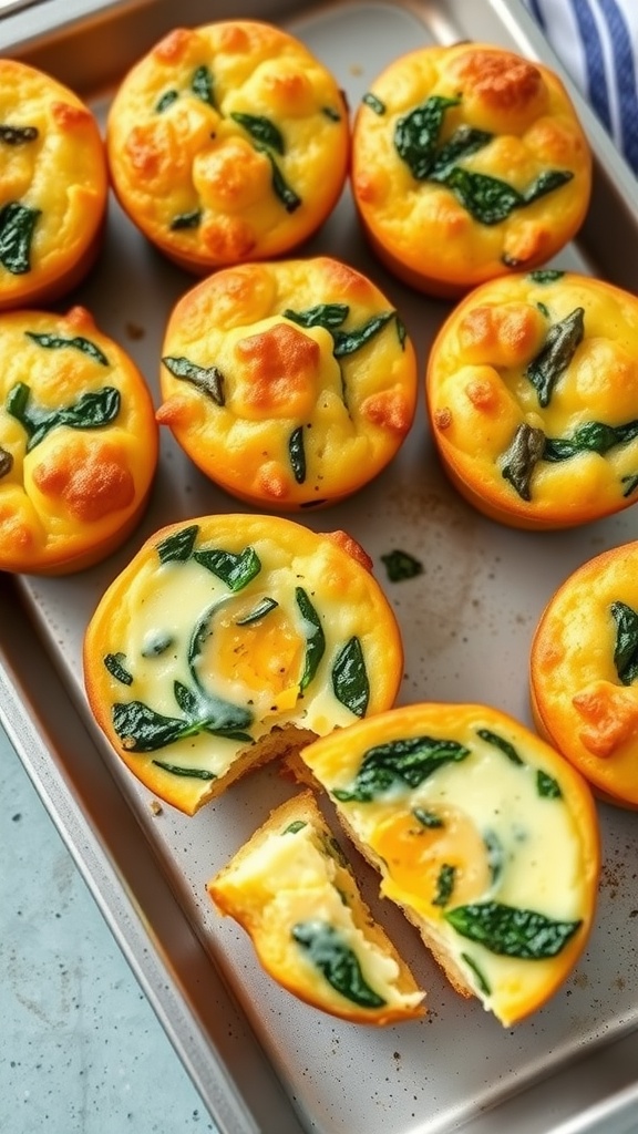 A tray of freshly baked savory egg muffins with spinach, showcasing their fluffy tops and vibrant green spinach.
