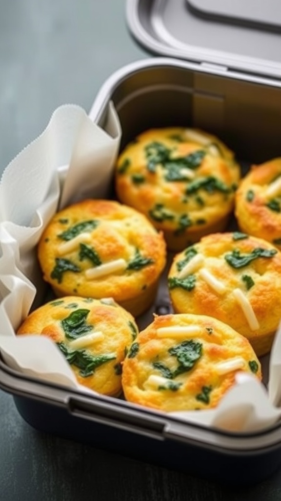 Savory egg muffins with spinach and cheese in a lunchbox