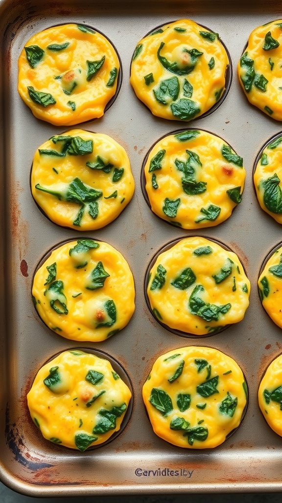 A tray of baked egg muffins with spinach and cheese, showcasing a golden color and vibrant green spinach.