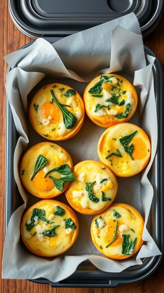 Savory egg muffins with spinach and cheese in a lunchbox