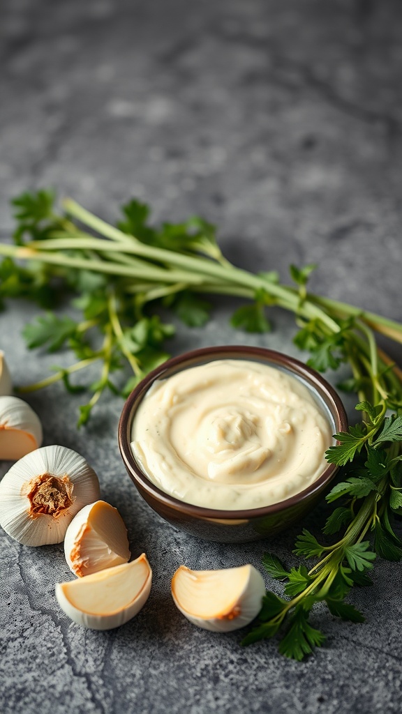 A creamy garlic aioli sauce in a bowl, surrounded by garlic cloves and fresh parsley.