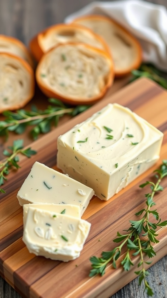 Savory garlic herb butter on a wooden cutting board with fresh herbs.