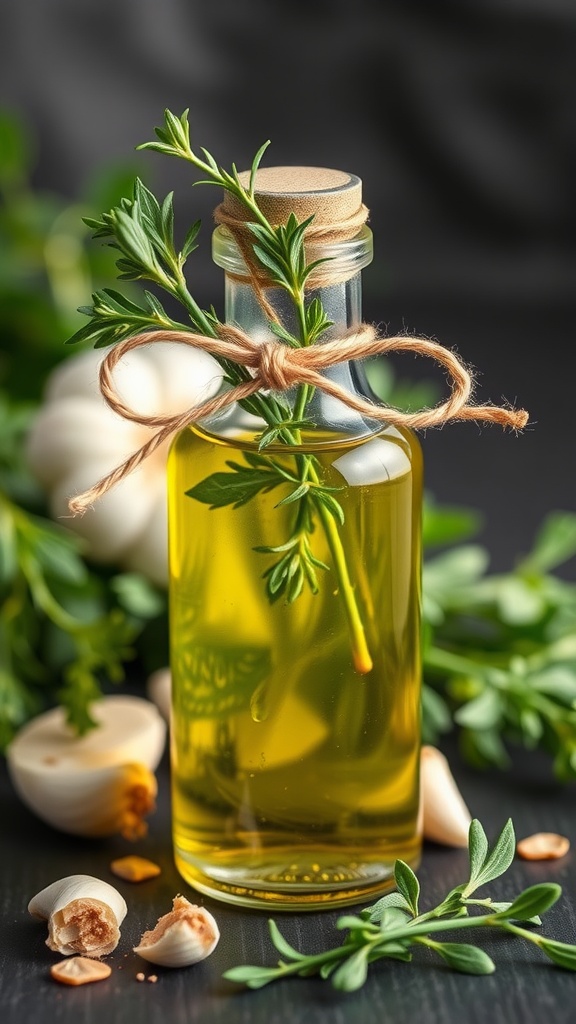 A bottle of garlic herb olive oil, surrounded by garlic cloves and fresh herbs.