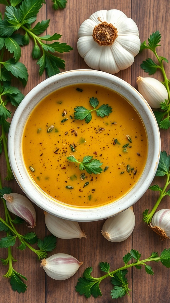 A bowl of savory garlic herb sauce surrounded by fresh garlic and herbs.