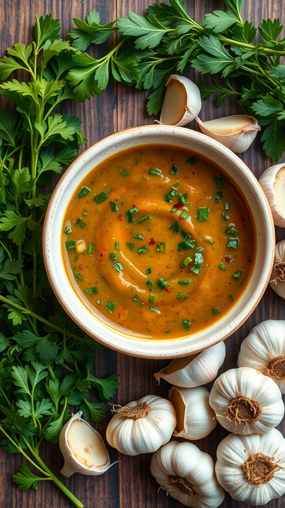 A bowl of savory garlic herb sauce surrounded by fresh herbs and garlic cloves
