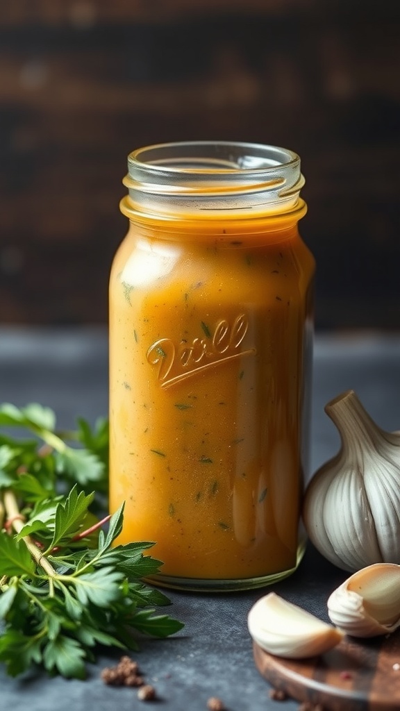 A jar of homemade savory garlic herb sauce surrounded by fresh herbs and garlic.