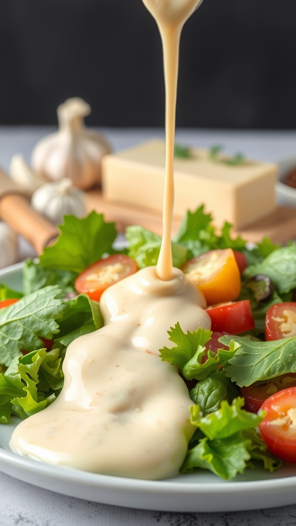 Creamy garlic Parmesan dressing drizzling over a fresh salad with tomatoes and greens.