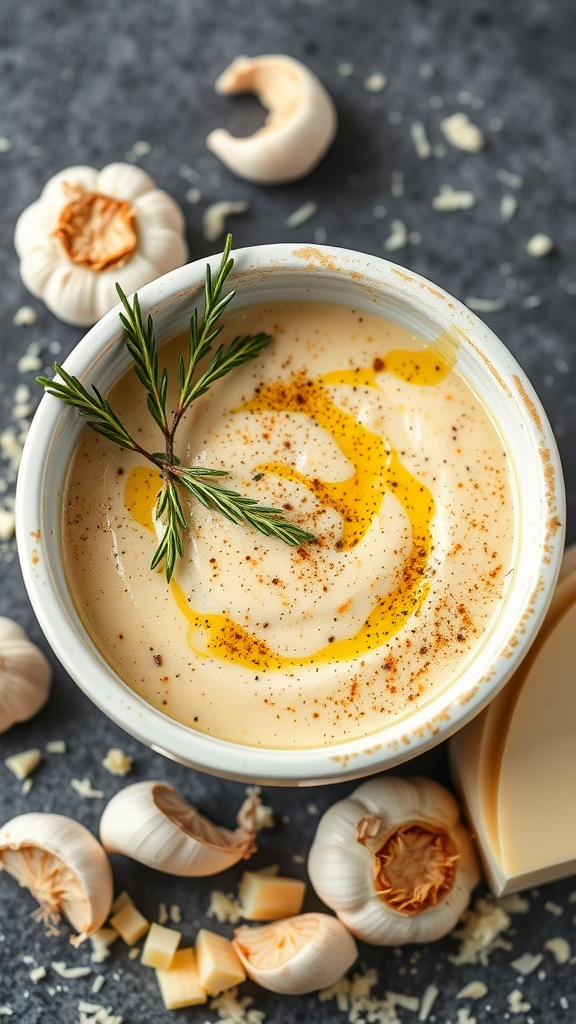 A creamy garlic Parmesan sauce garnished with herbs, perfect for pasta or as a dip.