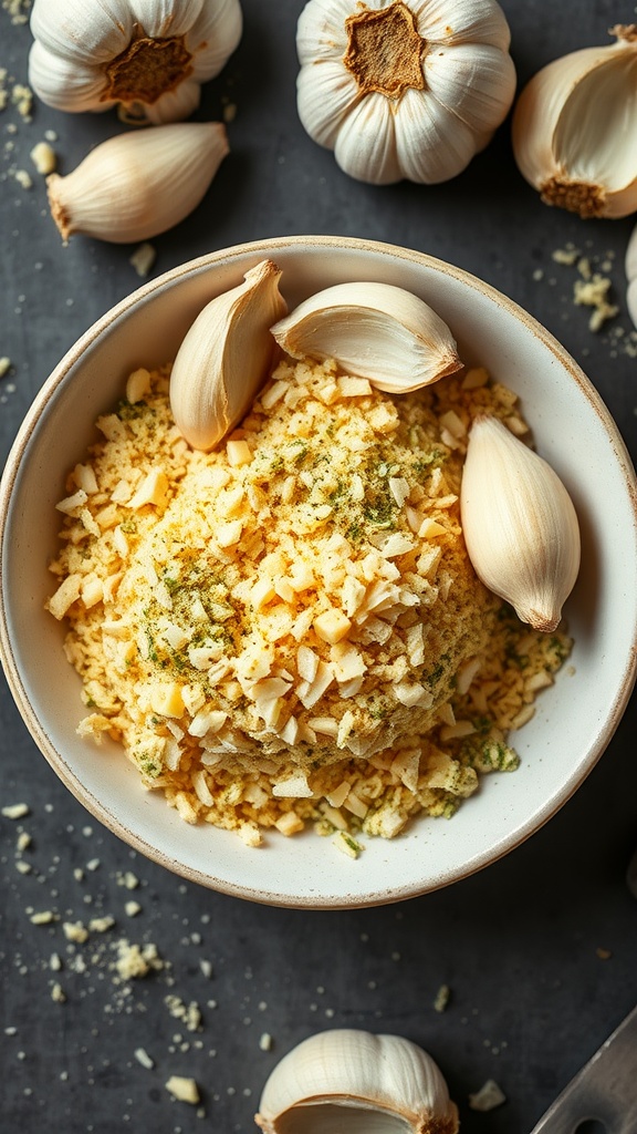 A bowl filled with a mixture of garlic and Parmesan seasoning, with garlic cloves scattered around.
