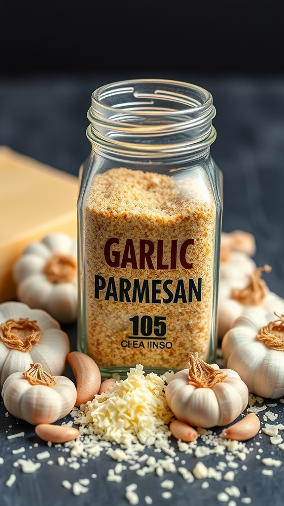 A jar of garlic parmesan seasoning surrounded by garlic bulbs and cheese.