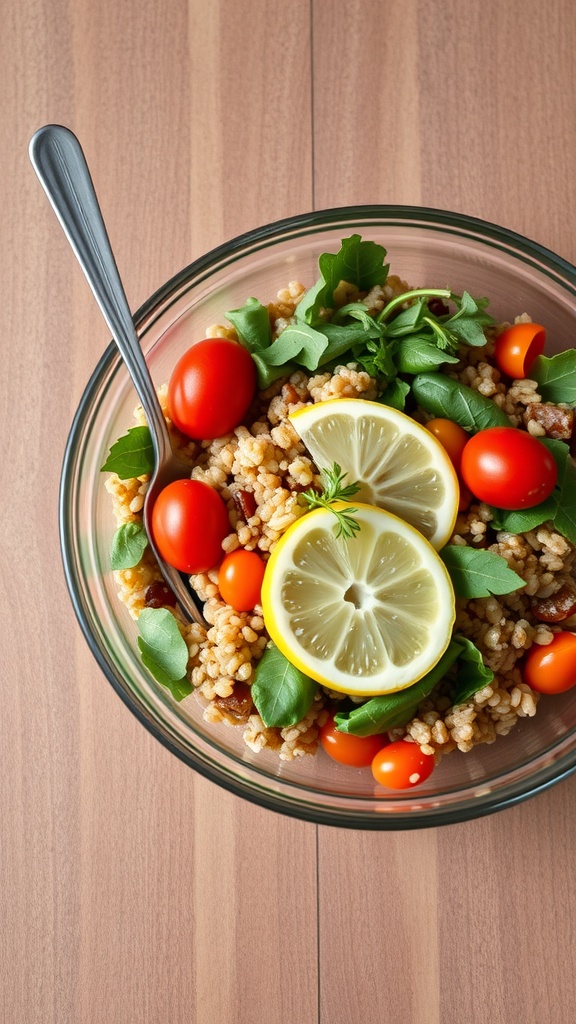 A colorful grain salad with cherry tomatoes, greens, and lemon slices in a glass bowl.