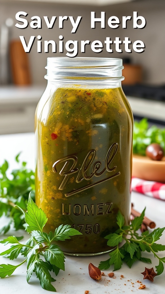 A jar of homemade savory herb vinaigrette with fresh herbs around it.