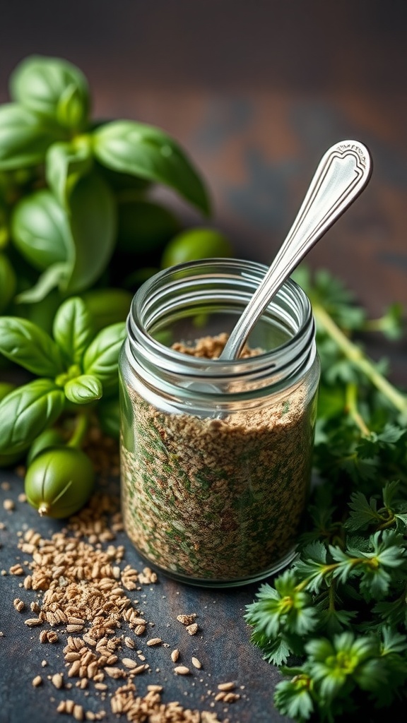 A jar of Italian herb blend with fresh basil and parsley