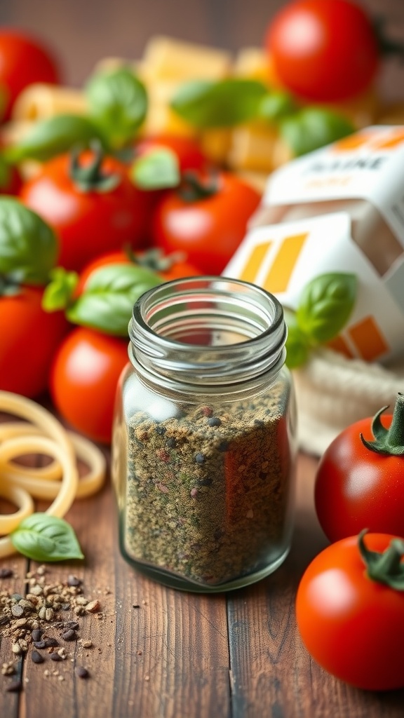 Homemade Italian herb blend in a jar with fresh ingredients around it.