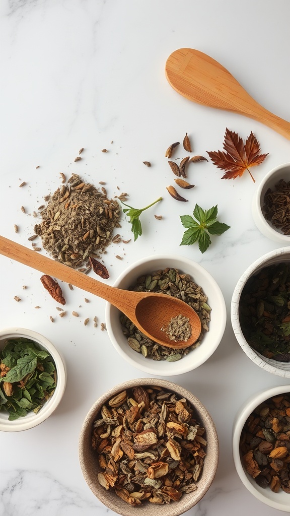 A variety of herbs and spices in small bowls with a wooden spoon.