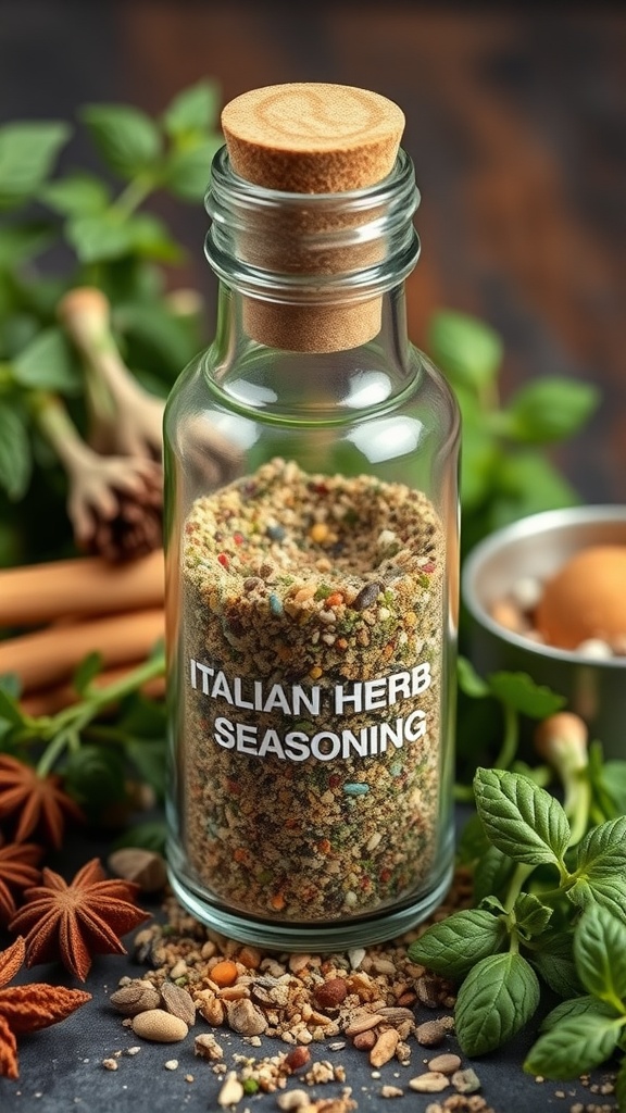 A glass jar filled with Italian herb seasoning, surrounded by fresh herbs and spices.