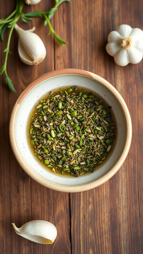 A bowl of Savory Italian Herb Seasoning with herbs and garlic on a wooden table.