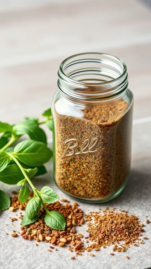 A jar of homemade Italian seasoning blend with herbs scattered around.