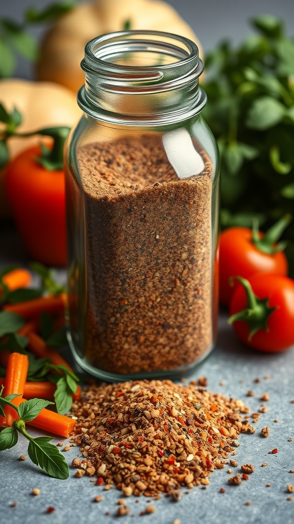 A jar of homemade Italian seasoning blend with a scattering of herbs and spices around it.
