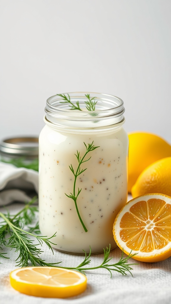 A jar of Savory Lemon Dill Sauce with fresh dill and lemon slices