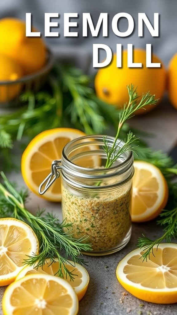 A jar of lemon dill seasoning surrounded by fresh lemons and dill.