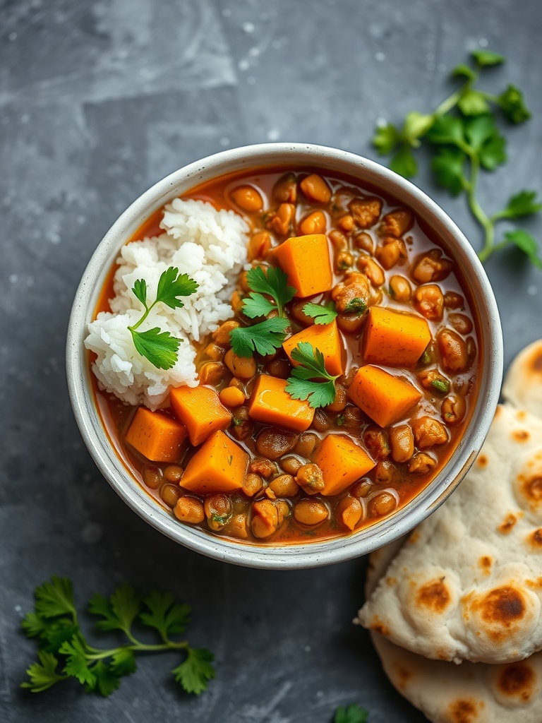 A bowl of lentil and sweet potato curry served with rice and naan, garnished with cilantro.