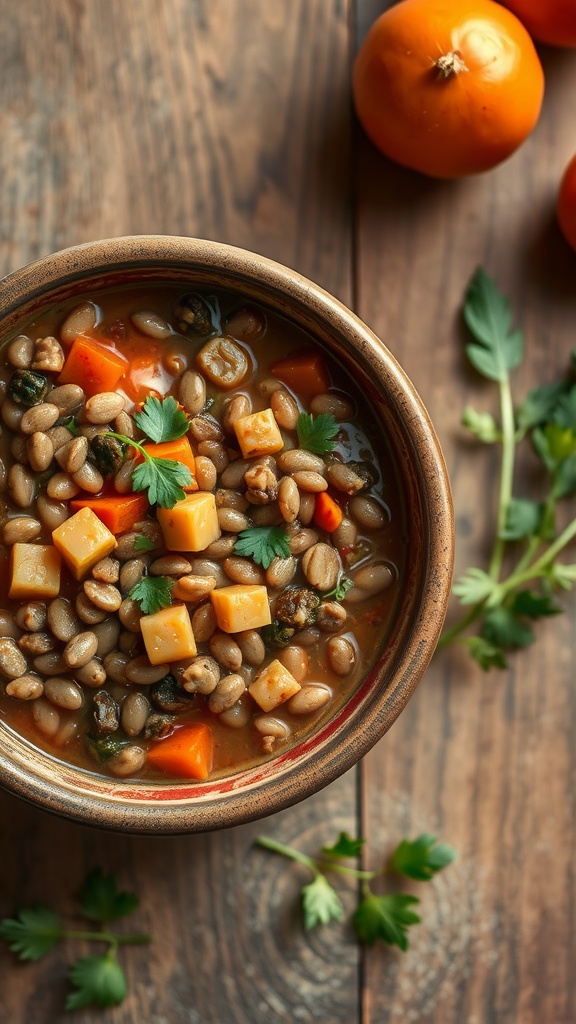 A bowl of lentil and vegetable stew garnished with parsley.