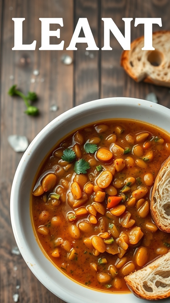 Bowl of savory lentil soup with bread on the side.