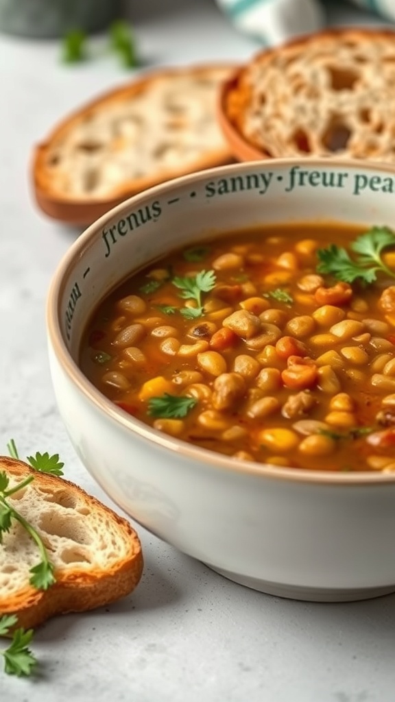 A bowl of lentil soup with fresh herbs and slices of bread