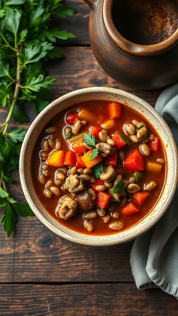 A bowl of savory lentil stew with vegetables, garnished with parsley.