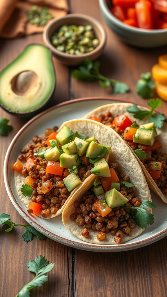 A plate of lentil tacos topped with avocado salsa and fresh vegetables.