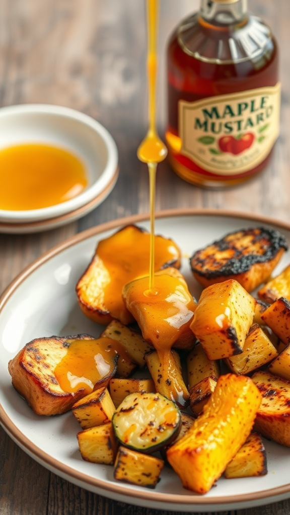 Savory Maple Mustard Glaze drizzling over roasted vegetables