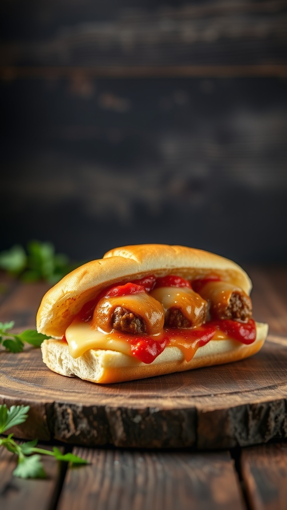 A meatball sub with melted cheese and sauce on a wooden board.