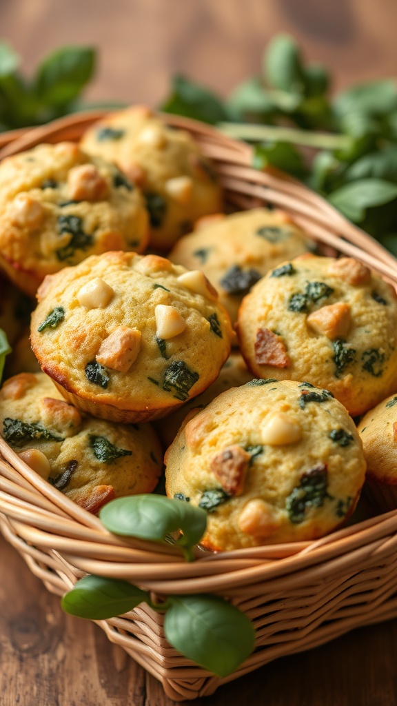 A basket filled with savory muffins made with spinach and cheese.
