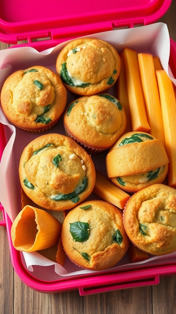 Savory muffins with cheese and spinach in a lunchbox
