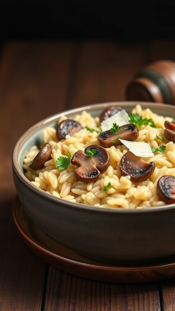 A bowl of creamy mushroom risotto topped with fresh parsley.
