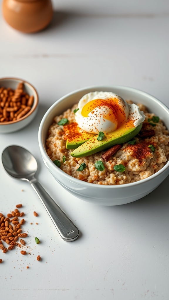 A savory oatmeal bowl topped with a poached egg, avocado slices, and paprika, served with a spoon and a side of seeds.