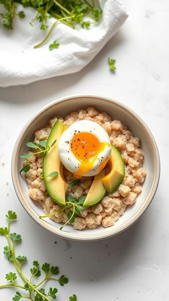 A savory oatmeal bowl topped with a soft-boiled egg and avocado slices, garnished with fresh herbs.