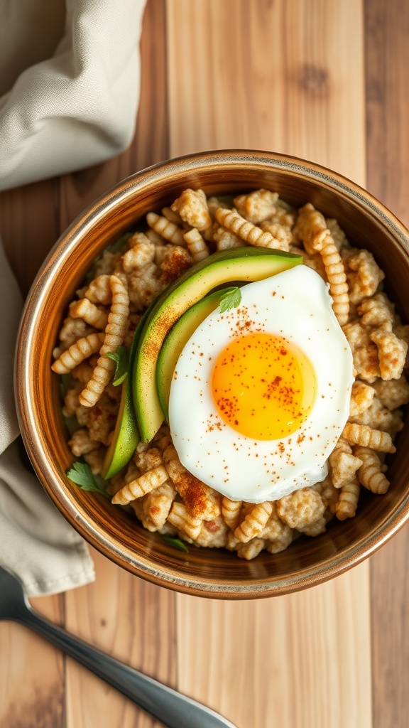 A savory oatmeal bowl with an egg, avocado slices, and spices on a wooden table.