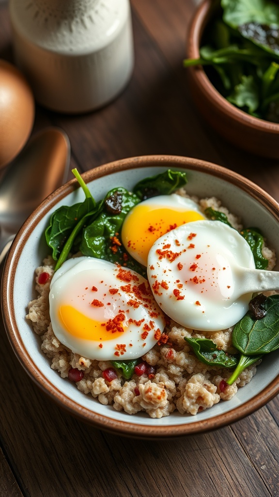 A savory oatmeal bowl topped with poached eggs and spinach, garnished with red pepper flakes.