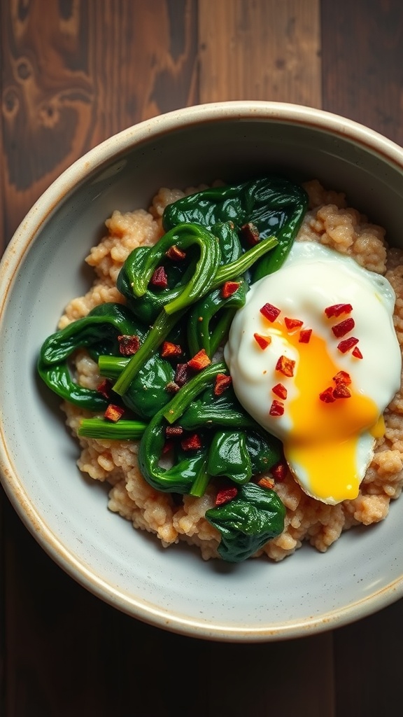 A bowl of savory oatmeal topped with spinach and a poached egg, garnished with chili flakes.