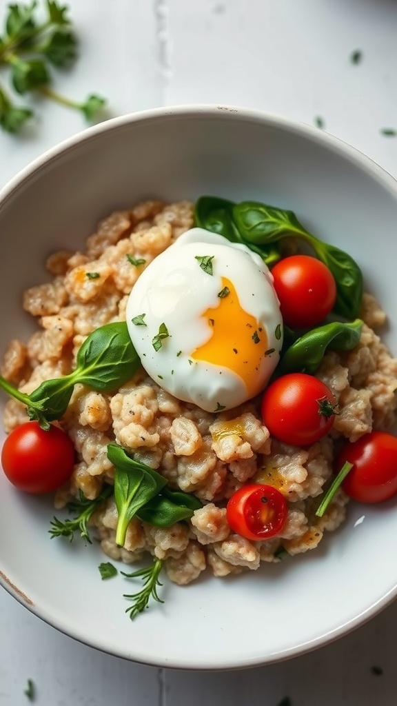 Savory oatmeal bowl with poached egg, cherry tomatoes, and spinach.