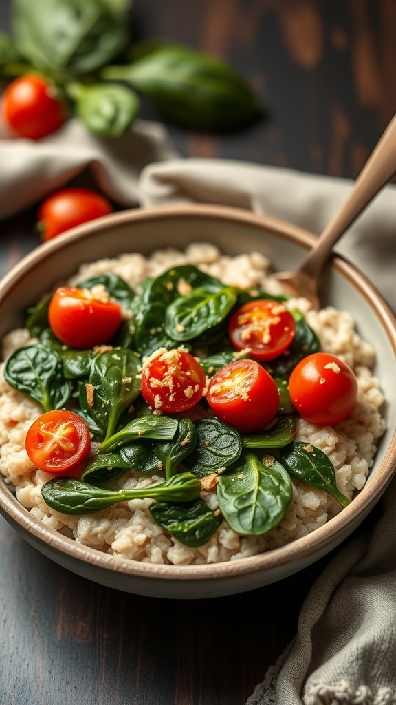 A bowl of savory oatmeal topped with fresh spinach and cherry tomatoes.
