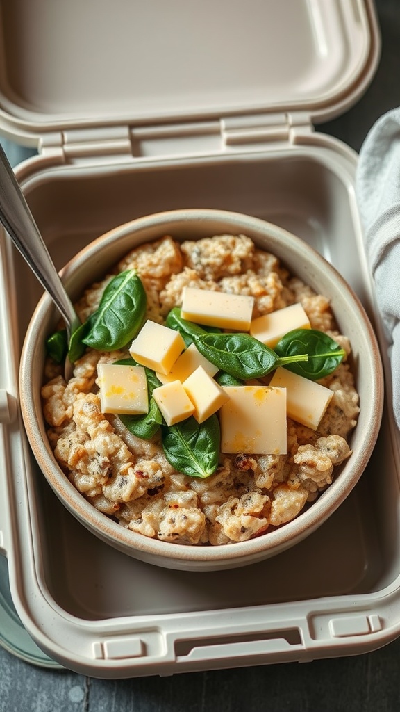 A bowl of savory oatmeal topped with cheese and spinach, served in a lunch container.