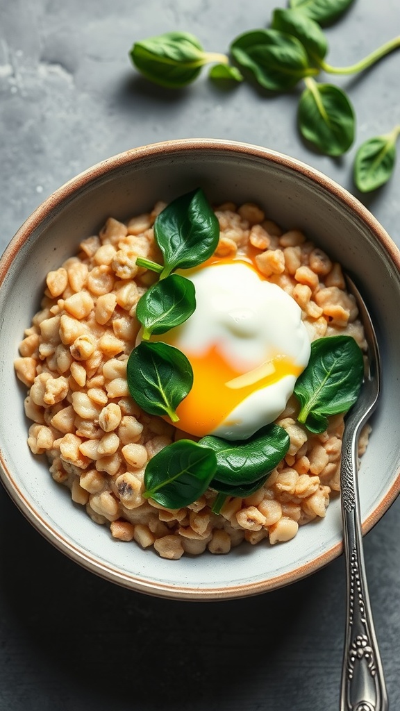 A bowl of savory oatmeal topped with a poached egg and fresh spinach leaves.